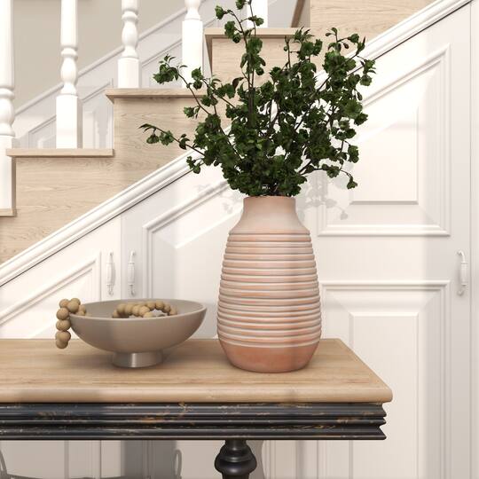 15" Pink Whitewashed Ribbed Terra Cotta Vase